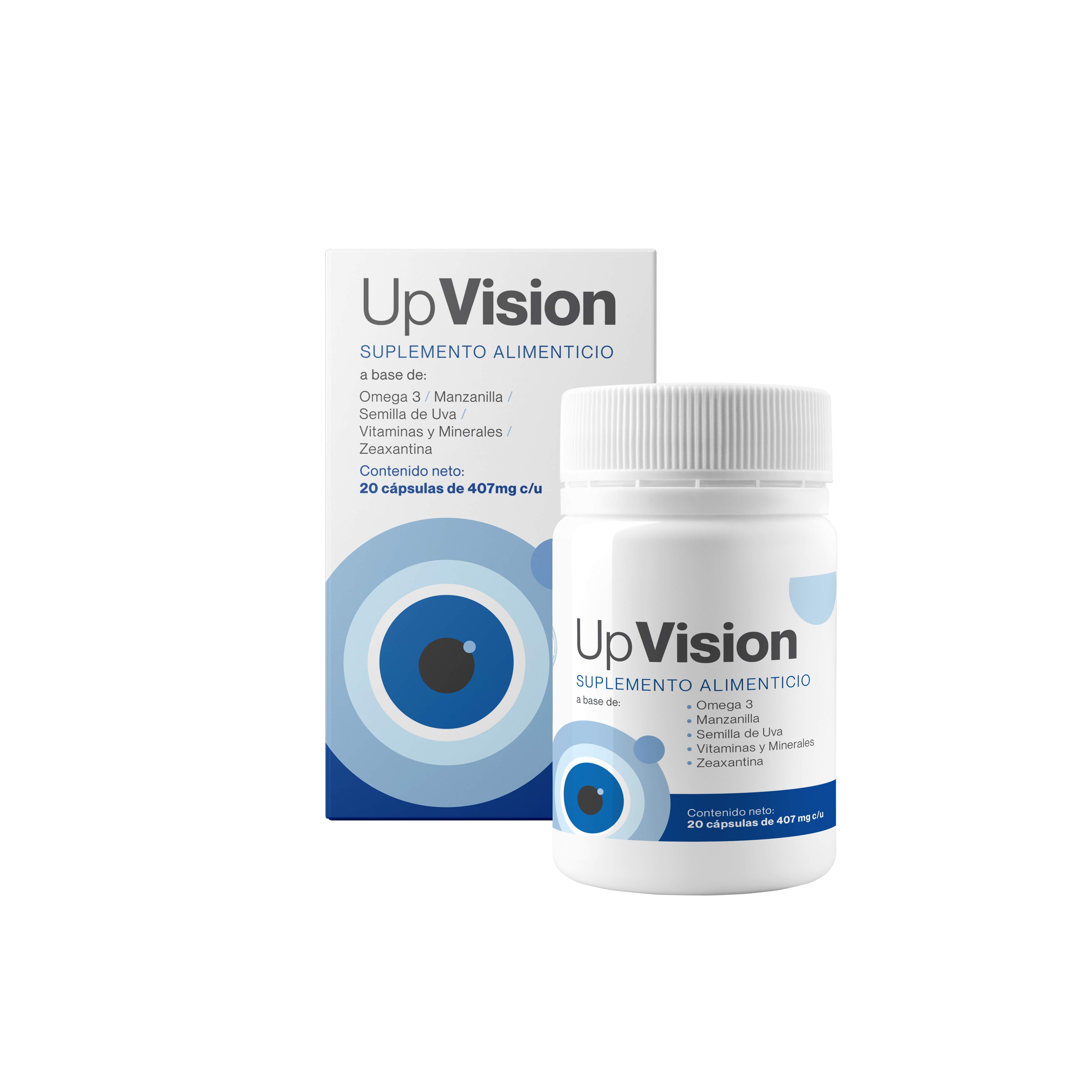 Caja y frasco UpVision con 20 cápsulas de 407 mg
